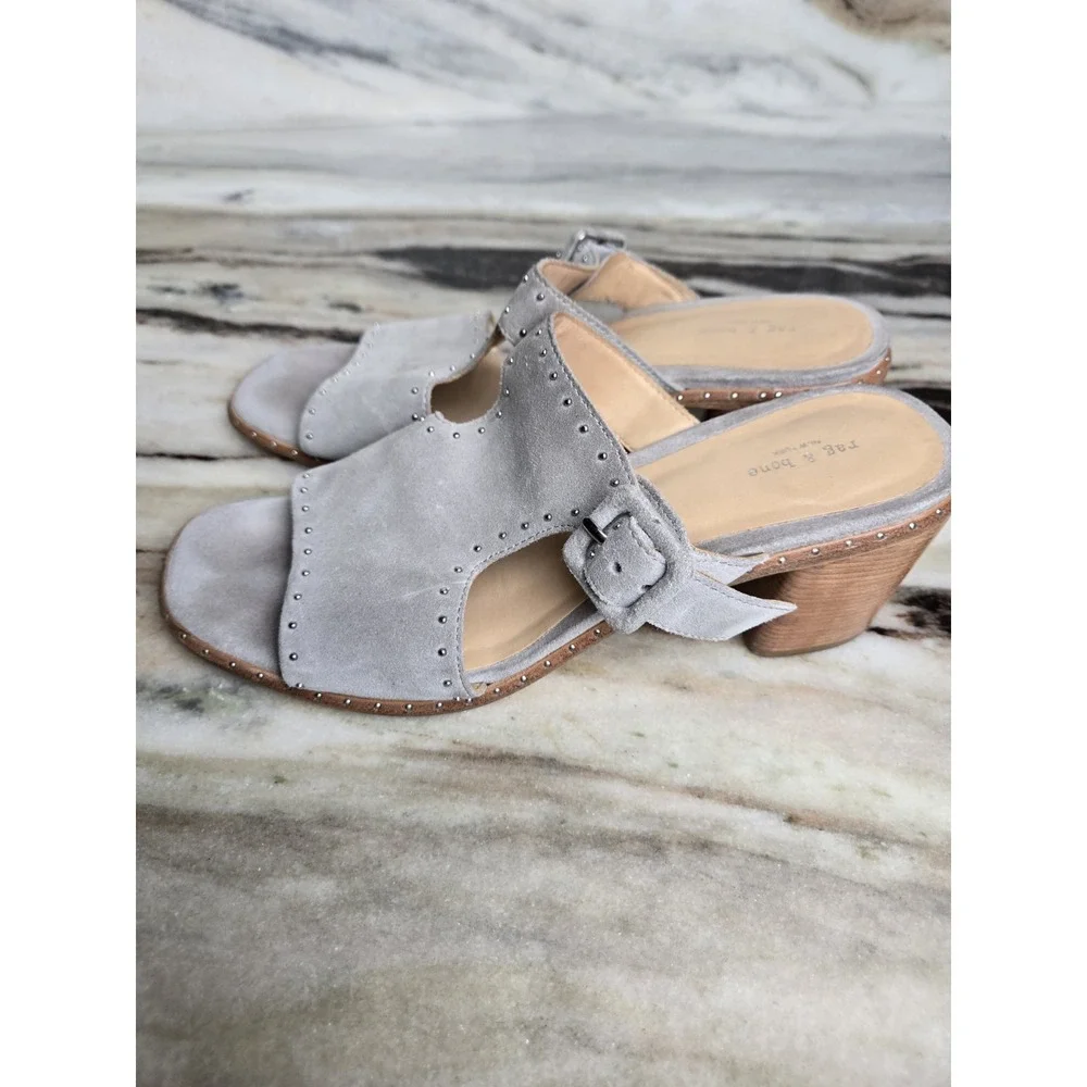 Rag & Bone Gray Suede Studded Open Toe Slip On Block Heels Sandals 37 Minimalist